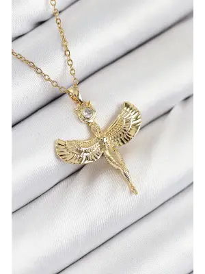 316L Çelik Zirkon Taşlı Melek Model Gold Renk Kadın Kolye