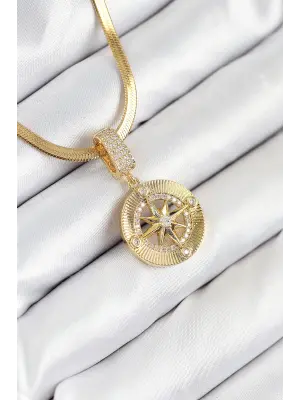 316L Çelik Zirkon Taşlı Pusula Model Gold Renk Kadın Kolye