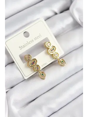 316L Çelik Zirkon Taşlı Sallantılı Geometrik Model Gold Renk Kadın Küpe