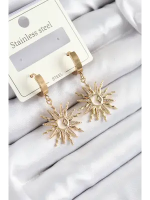 316L Çelik Zirkon Taşlı Sallantılı Güneş Model Gold Renk Kadın Küpe