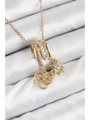 316L Çelik Zirkon Taşlı Sallantılı Kalp Ve Güneş Model Gold Renk Kadın Kolye