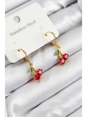 316L Çelik Zirkon Taşlı Sallantılı Kiraz Model Gold Renk Kadın Küpe