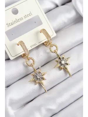 316L Çelik Zirkon Taşlı Sallantılı Kutup Yıldızı Model Gold Ve Gümüş Renk Kadın Küpe