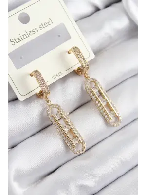 316L Çelik Zirkon Taşlı Sallantılı Messika Model Gold Renk Kadın Küpe