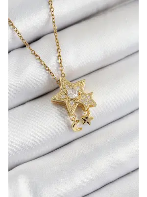 316L Çelik Zirkon Taşlı Sallantılı Yıldız Model Gold Renk Kadın Kolye