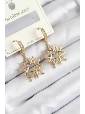 316L Çelik Zirkon Taşlı Sallantılı Yıldız Model Gold Renk Kadın Küpe