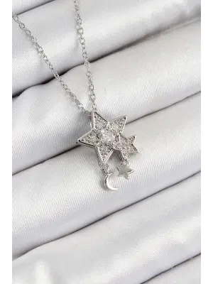 316L Çelik Zirkon Taşlı Sallantılı Yıldız Model Gümüş Renk Kadın Kolye