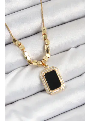 316L Çelik Zirkon Taşlı Siyah Baget Model Gold Renk Kadın Kolye