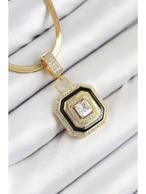 316L Çelik Zirkon Taşlı Siyah Detaylı Baget Model Gold Renk Kadın Kolye