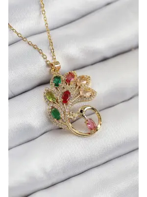 316L Çelik Zirkon Taşlı Tavus Kuşu Model Gold Renk Kadın Kolye