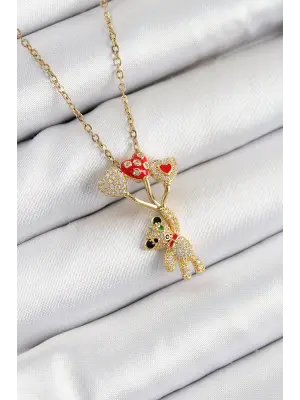 316L Çelik Zirkon Taşlı Uçan Balonlu Ayıcık Model Gold Renk Kadın Kolye