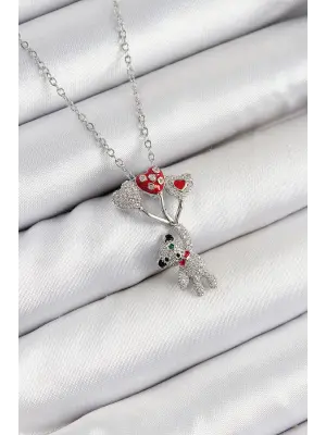 316L Çelik Zirkon Taşlı Uçan Balonlu Ayıcık Model Gümüş Renk Kadın Kolye