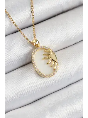 316L Çelik Zirkon Taşlı Yarım Güneş Model Gold Renk Kadın Kolye