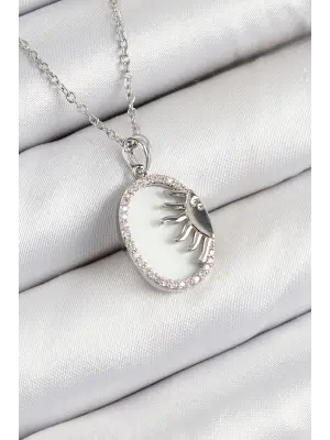 316L Çelik Zirkon Taşlı Yarım Güneş Model Gümüş Renk Kadın Kolye