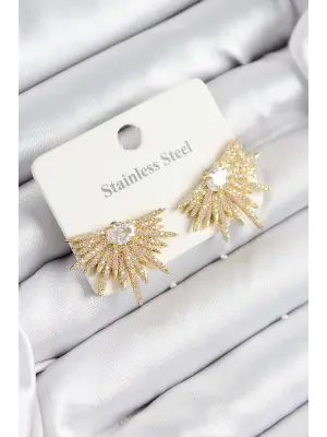 316L Çelik Zirkon Taşlı Yelpaze Model Gold Renk Kadın Küpe