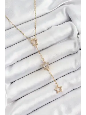 316L Çelik Zirkon Taşlı Yıldız Figürlü Y Model Gold Renk Kadın Kolye