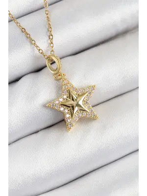 316L Çelik Zirkon Taşlı Yıldız Model Gold Renk Kadın Kolye