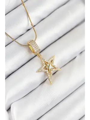 316L Çelik Zirkon Taşlı Yıldız Model Gold Renk Kadın Kolye
