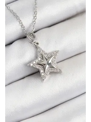 316L Çelik Zirkon Taşlı Yıldız Model Gümüş Renk Kadın Kolye