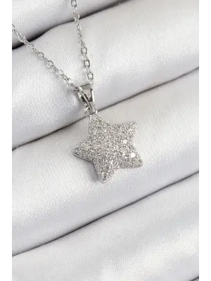 316L Çelik Zirkon Taşlı Yıldız Model Gümüş Renk Kadın Kolye