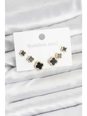 316L Çelik Zirkon Taşlı Yonca Model Kadın Küpe Seti