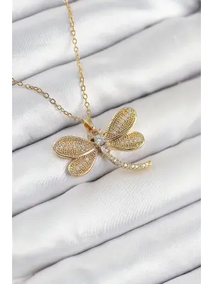316L Çelik Zirkon Taşlı Yusufcuk Model Gold Renk Kadın Kolye