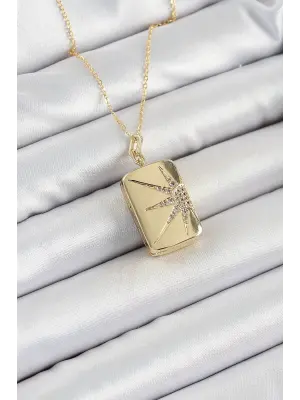 316L Çelk Açılabilir Dikdörtgen Model Zirkon Taşlı Gold Renk Kadın Zincir kolye