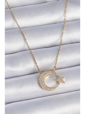 316L Çilek Zincir Altın  Zirkon Taşlı Ay Yıldız Model  Çelik Kolye