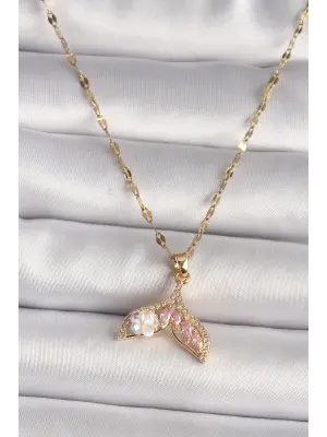 316L Altın  Zirkon Taşlı Balık Kuyruğu Model Çiçek Detay  Çelik Kolye