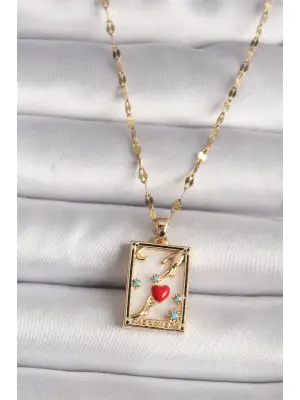 316L Altın  Zirkon Taşlı Kırmızı Kalp Figür El Detay Portre Model  Çelik Kolye