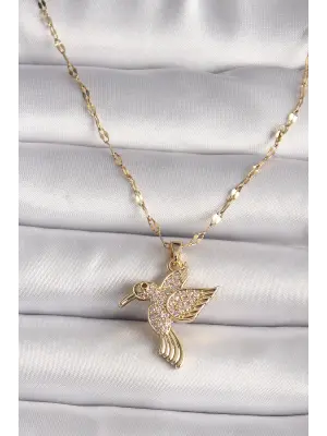316L Altın  Zirkon Taşlı Sinek Kuşu Model  Çelik Kolye