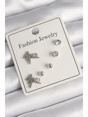  Gümüş Kalp Ritim Model Zirkon Taşlı Topçuk Detay Çelik Küpe Seti