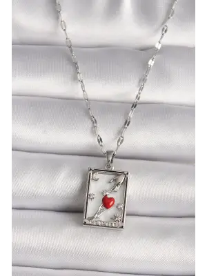 316L Gümüş  Zirkon Taşlı Kırmızı Kalp Figür El Detay Portre Model  Çelik Kolye