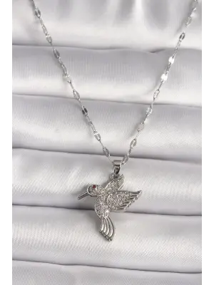 316L Gümüş  Zirkon Taşlı Sinek Kuşu Model  Çelik Kolye