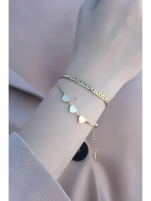 316L Kararmaz Çelik Gold Renk 3lü Kalp Kadın Bileklik