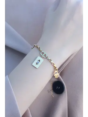 316L Kararmaz Çelik Gold Renk Göz ve Fatma Ana Eli Kadın Bileklik