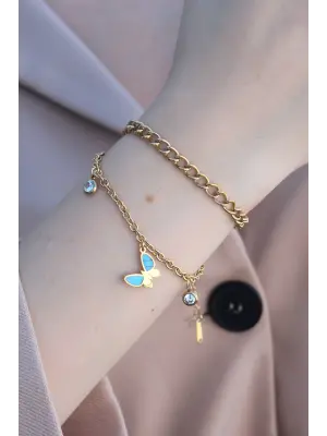 316L Kararmaz Çelik Gold Renk Kelebek Detaylı Kadın Bileklik