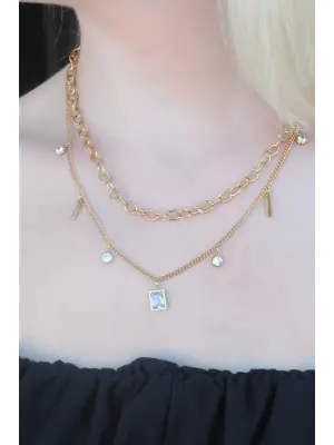 316L Kararmaz Çelik Zirkon Taşlı Çoklu Kadın Kolye