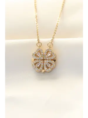 316L Zinciri Çelik Zirkon Taşlı Altın  Kalp Tasarımlı Yonca Çelik Kolye