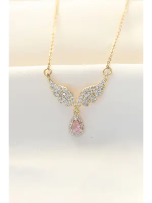 316L Zinciri Çelik Zirkon Taşlı Altın  Kanat ve Damla Model Çelik Kolye