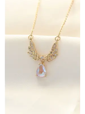 316L Zinciri Çelik Zirkon Taşlı Altın  Kanatlı Damla Çelik Kolye