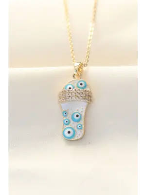 316L Zinciri Çelik Zirkon Taşlı Altın  Nazar Boncuklu Terlik Çelik Kolye