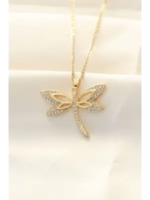 316L Zinciri Çelik Zirkon Taşlı Altın  Yusufçuk Çelik Kolye