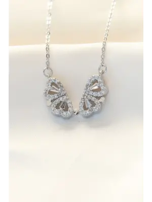 316L Zinciri Çelik Zirkon Taşlı Gümüş  Kalp Tasarımlı Yonca Çelik Kolye