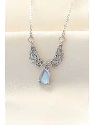 316L Zinciri Çelik Zirkon Taşlı Gümüş  Kanatlı Damla Çelik Kolye