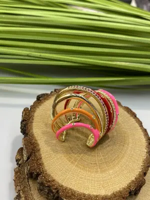 Pembe Turuncu Kırmızı Taşlı Sıkıştırmalı Earcuff Küpe