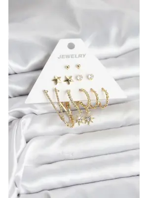 Güneş Model 6 Çift Kadın Küpe Seti Gold Renk