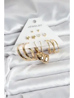 Bombeli Kalp Detaylı 6 Çift Kadın Küpe Seti Gold Renk