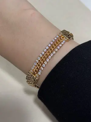 18K Yanları Pırlanta Taşlı Ortası Zincir Bilezik