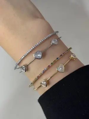 Beyaz Taşlı Kalpli 2 li Çelik Kelepçe Bileklik Gold Renk